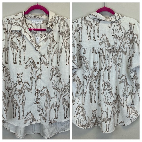 Jane and Delancey Tops - Jane and Delancey Womens L NWT White and Brown Horse Print Button-Down Shirt